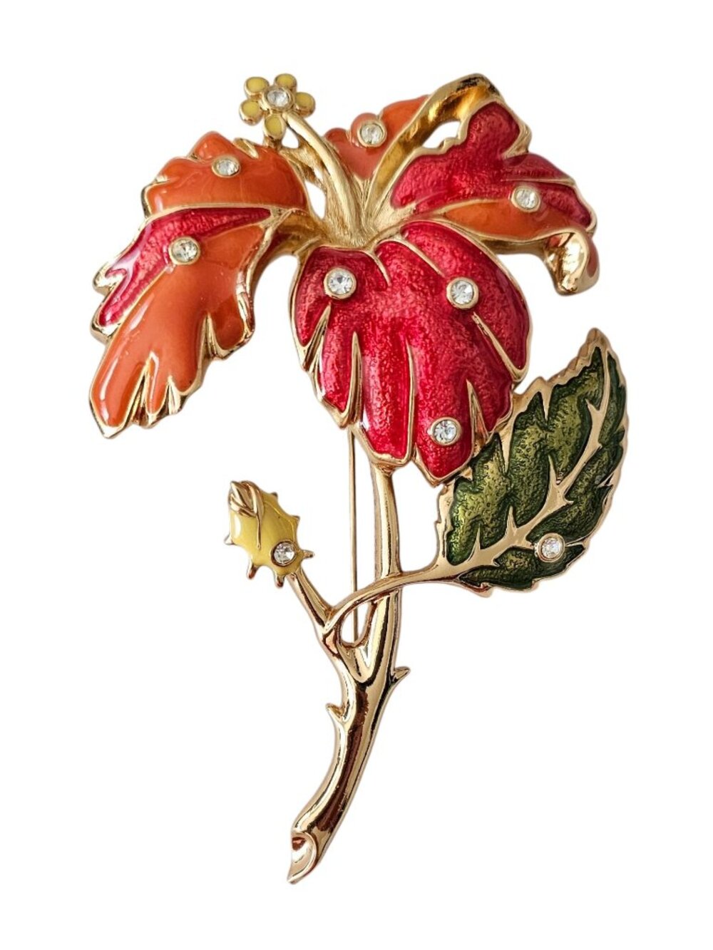 Barrera For Avon Hibiscus Brooch Enamel Clear Rhinestone Statement Pin, L564